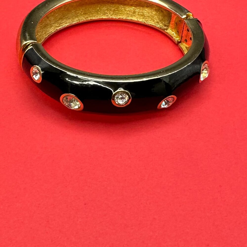 RARE VTG Christian Dior Black Enamel Rhinestone Hinged Bracelet - Picture 10 of 14